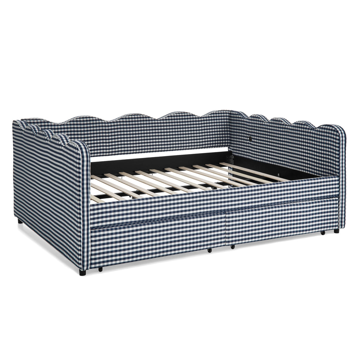 Queen Size Cozy Gingham Daybed with Two Storage Drawers and USB Port