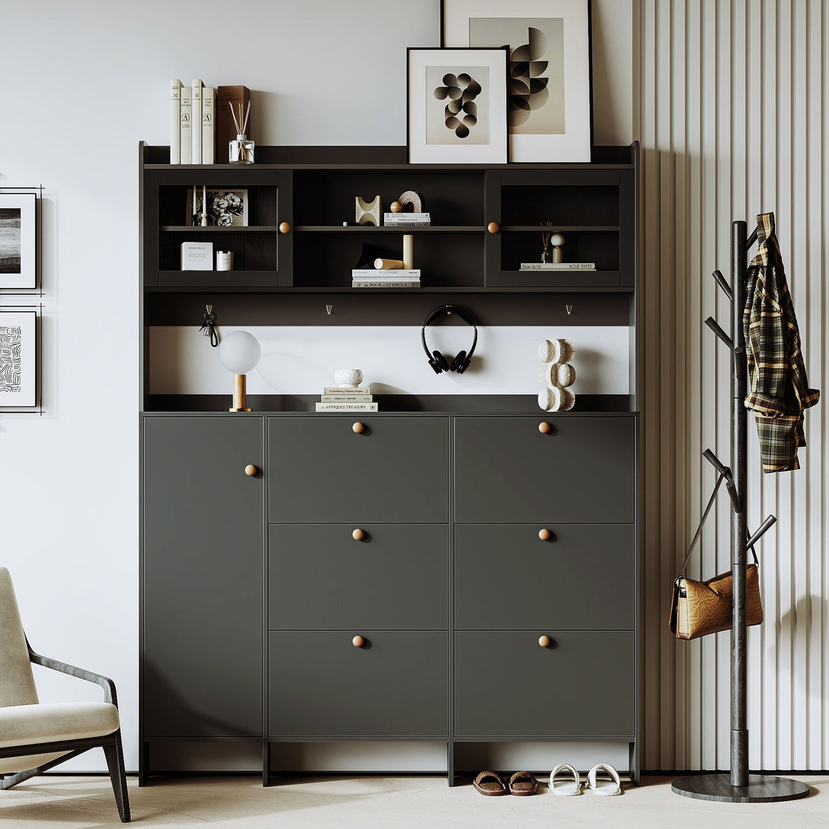 On Trend Multifunctional Tipping Bucket Shoe Cabinet With Storage Shelf & 6 Flip Drawers