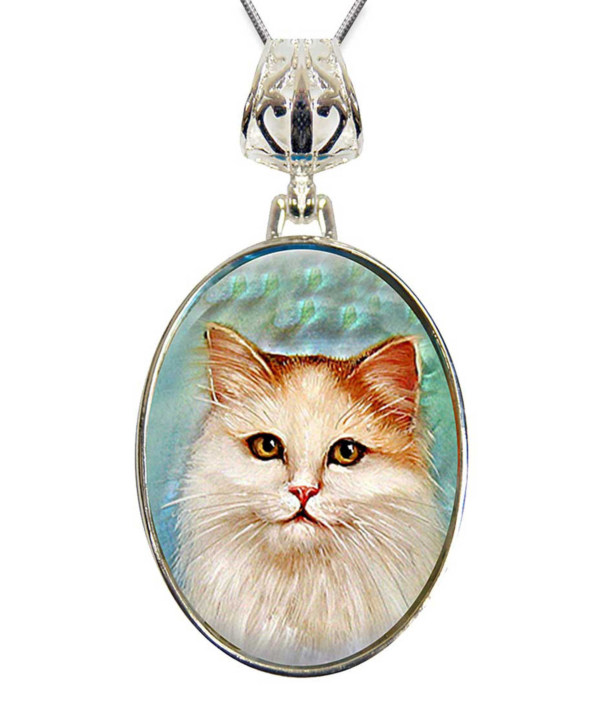 Tabby Cat Silver Plated Mother of Pearl Jewelry Pendant Necklace - 44015