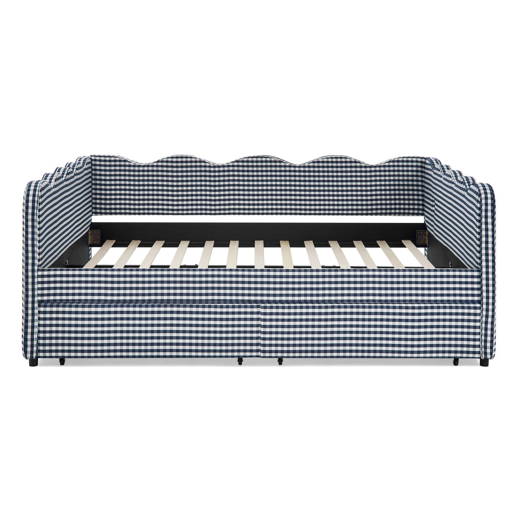 Queen Size Cozy Gingham Daybed with Two Storage Drawers and USB Port