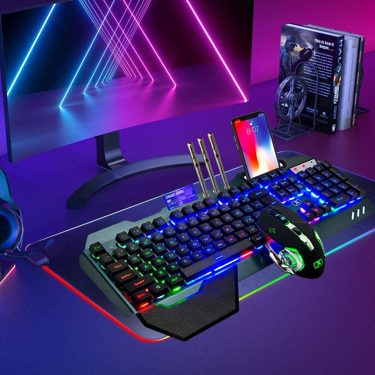 Wireless Gaming Keyboard and Mouse,Rainbow Backlit Rechargeable Keyboard Mouse with 3800Mah Battery Metal Panel,Removable Hand Rest Mechanical Feel Keyboard and 7 Color Gaming Mute Mice for PC Gamers