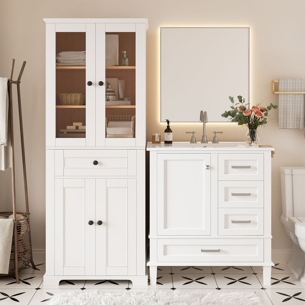 Bathroom Vanity & Tall Storage Cabinet Set With Doors, Adjustable Shelves, Soft Close Hinges, Sink
