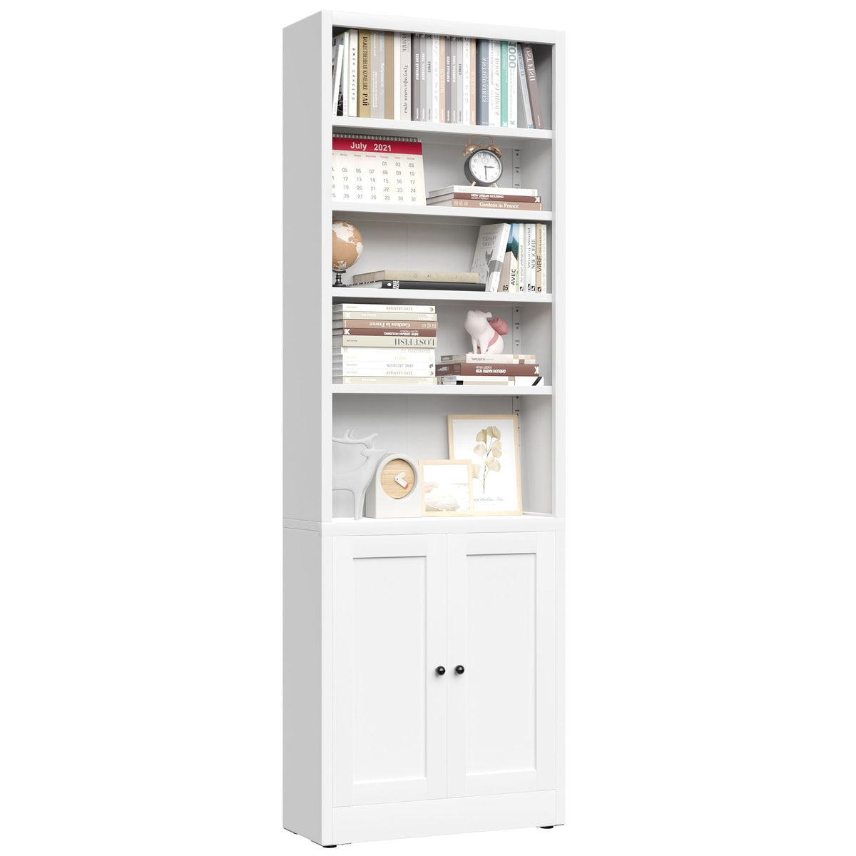 Bookcase Tall 5-Tier Adjustable Storage Shelf With Door Deep - White