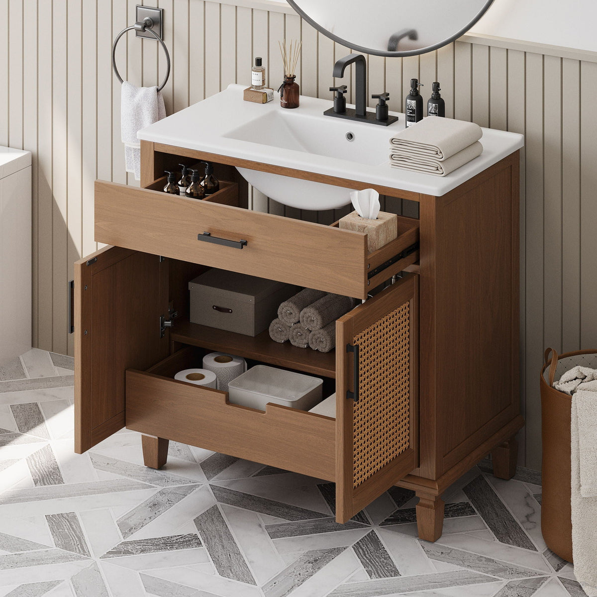 Bathroom Vanity With Ceramic Sink, Modern Free Standing Cabinet With Soft Close Drawers