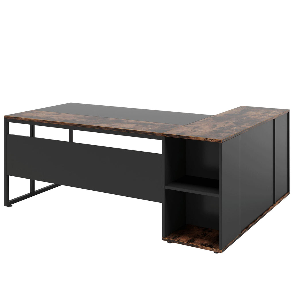 L-Shaped Executive Desk With Storage Cabinet & Shelves, Home Office Workstation With Cpu Stand And Printer Station - Brown / Black