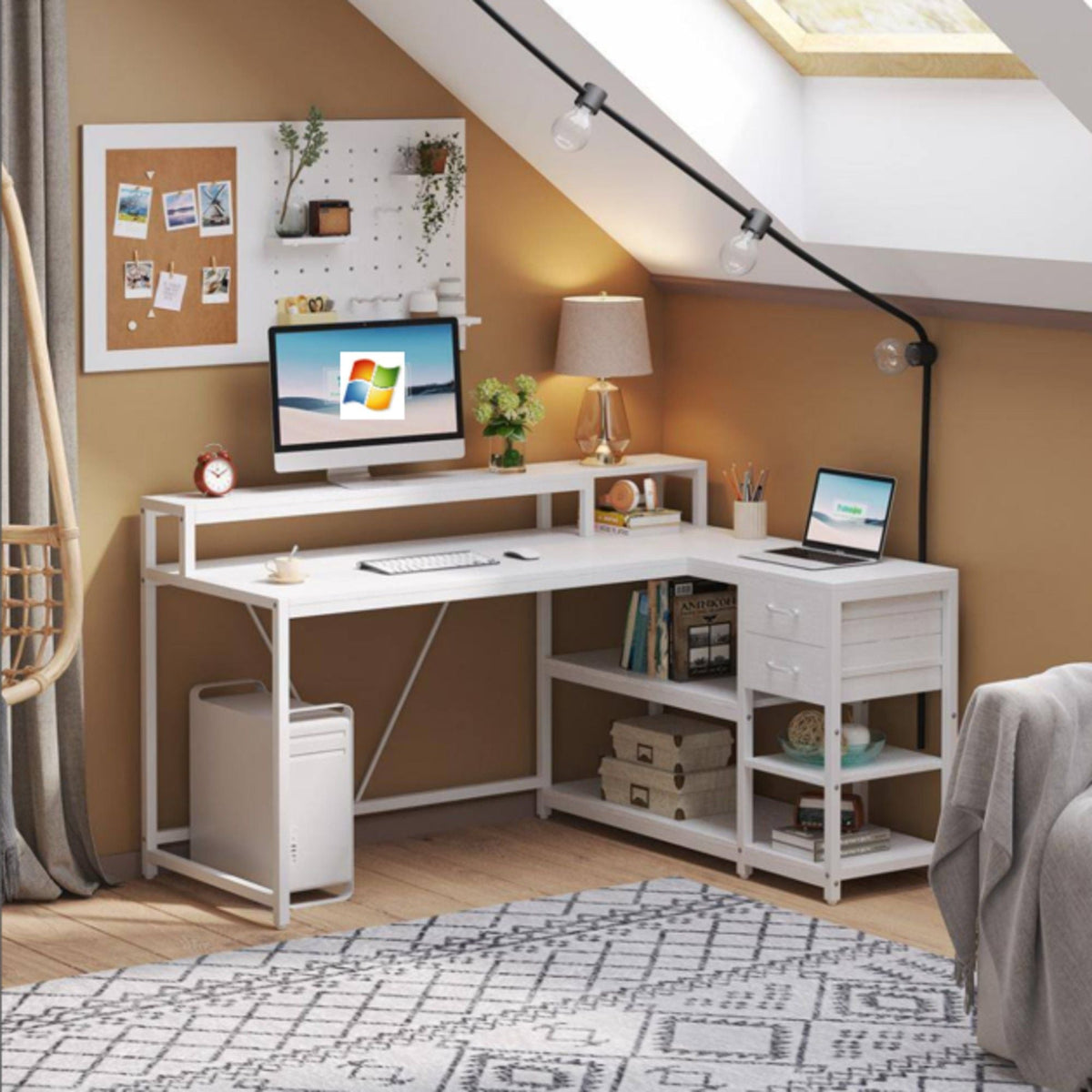 L-Shaped Home Office Desk With Monitor Riser, Drawers, And Storage Shelves
