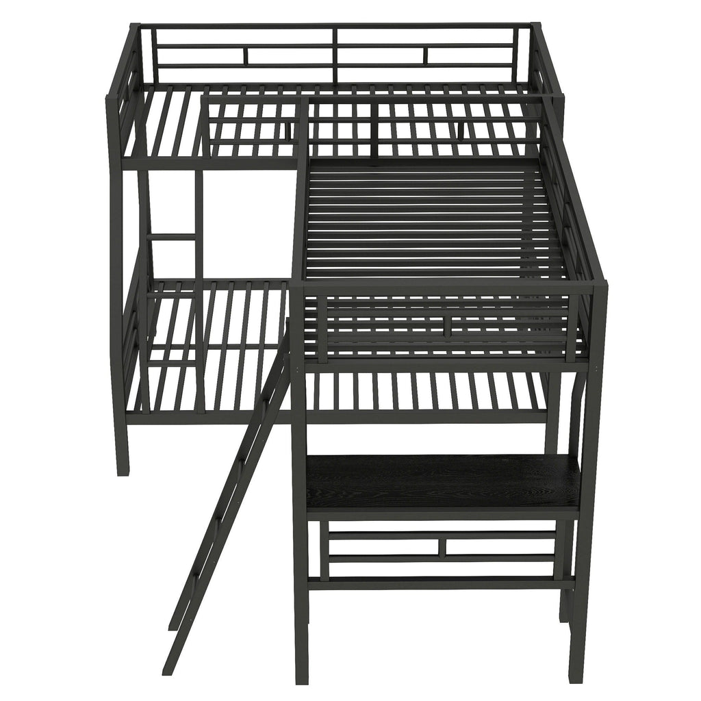 Twin Over Full Bunk Bed With Loft And Desk, L-Shaped Design For 3 Sleepers - Black