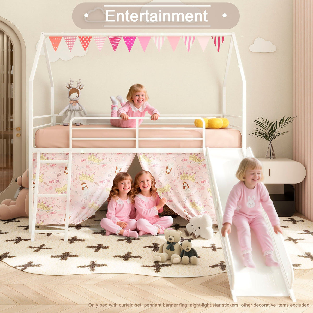 Jack - House Loft Bed With Slide And Curtain Set