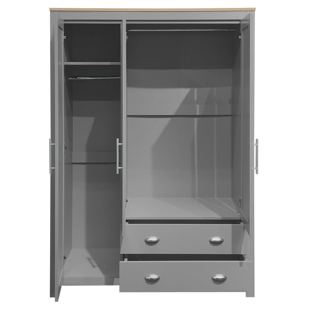 3 Door Storage Wardrobe With Cabinets And 2 Hanging Rods - Gray