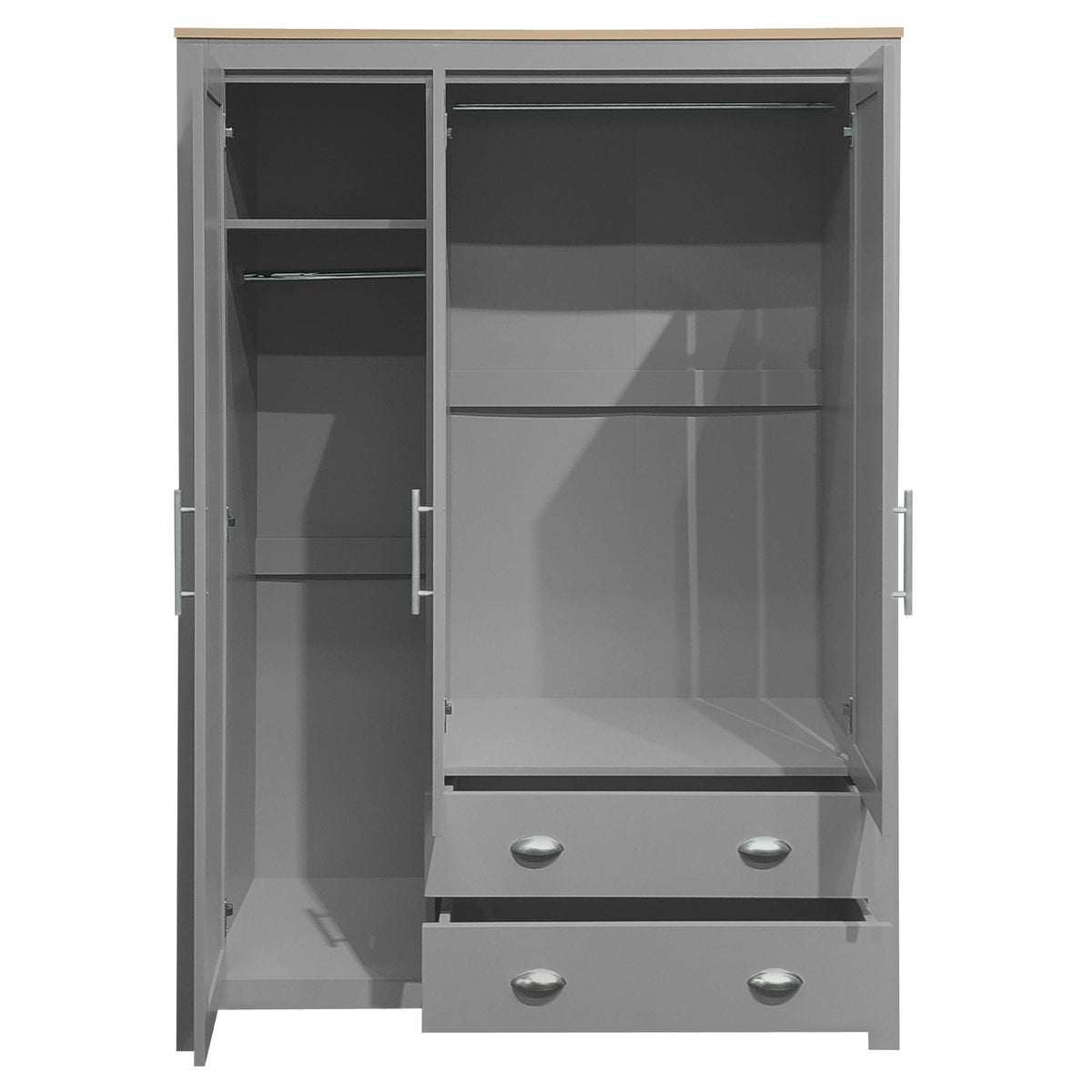 3 Door Storage Wardrobe With Cabinets And 2 Hanging Rods - Gray