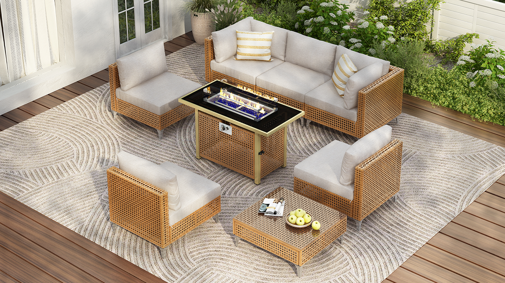 K&K 8-Piece Patio Furniture Set with Fire Pit Table