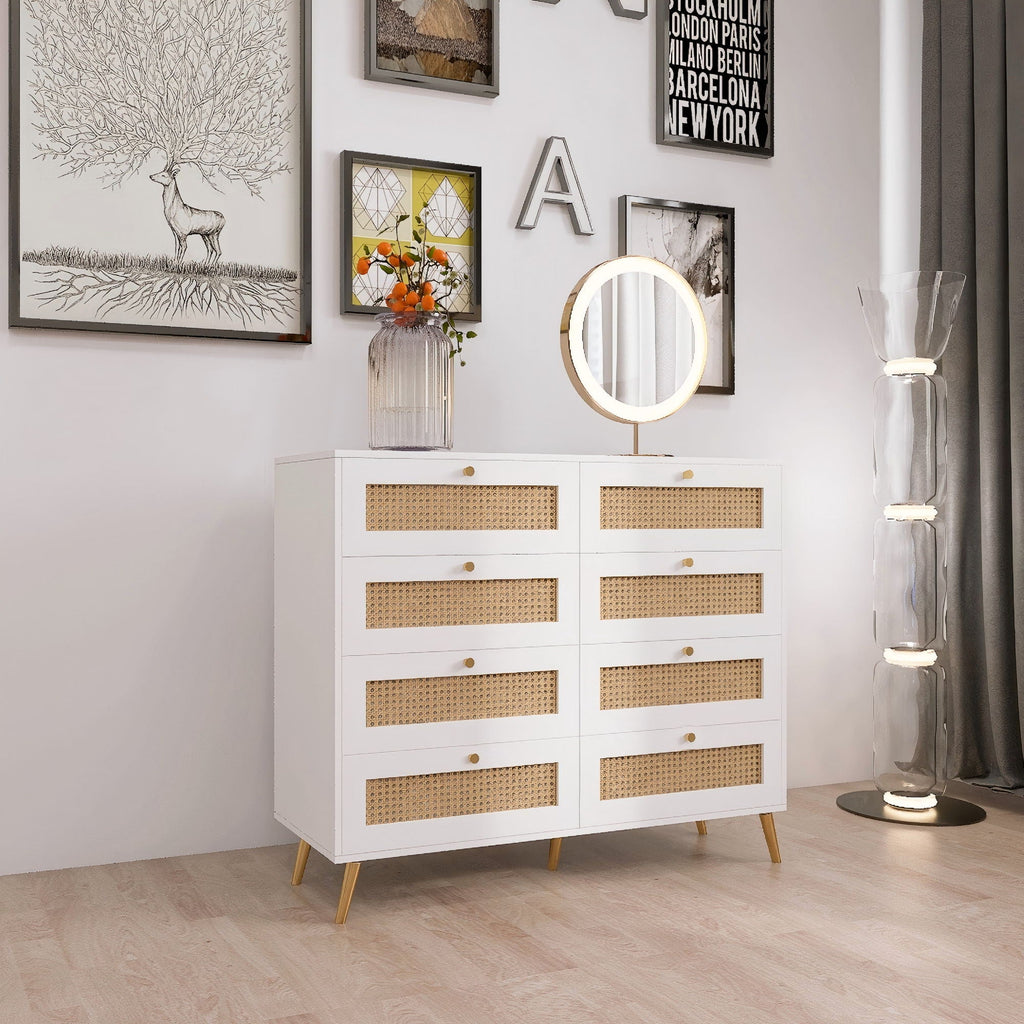 8 Drawers Chest Of Drawers With Rattan Drawer Face Golden Legs And Handles - White