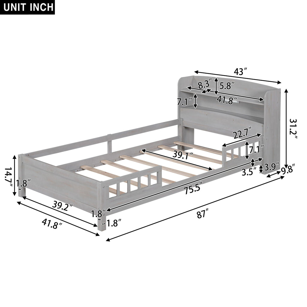 Wood Platform Bed With Built In LED Light, Storage Headboard And Guardrail