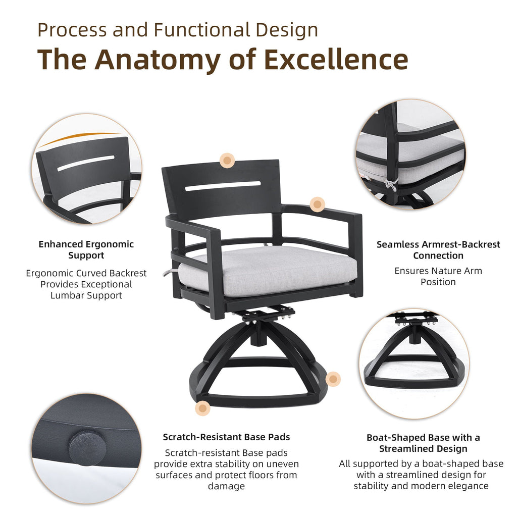 Outdoor Patio Dining Set, Squircle Dining Table, Dining Chairs With Sunbrella Cushions