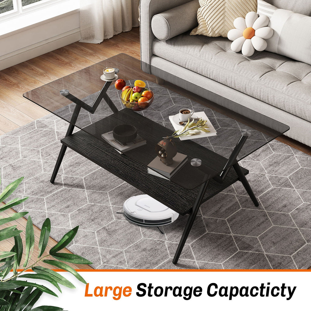 Rectangle Coffee Table With Tempered Glass Top And Shelf, Modern Table For Living Room