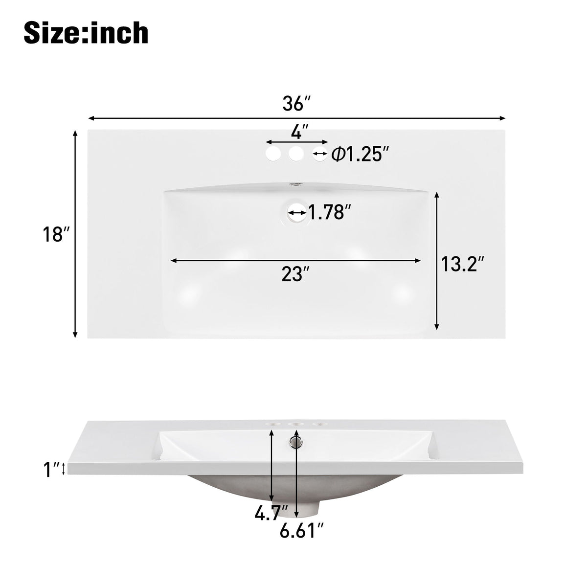 Single Bathroom Basin Sink, Vanity Top Only With 3 Faucet Holes