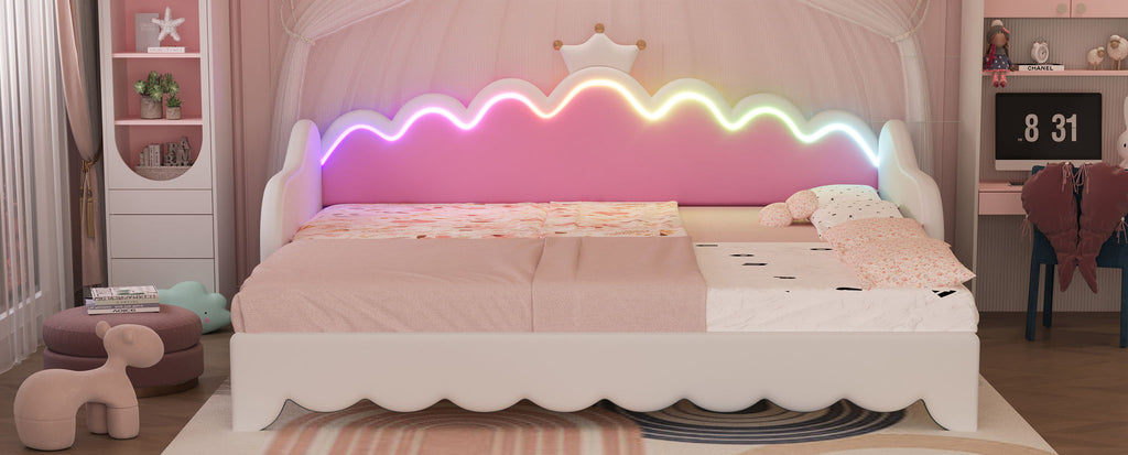 Extending Daybed With LED Lights, Modern Upholstered Princess Daybed With Crown Headboard