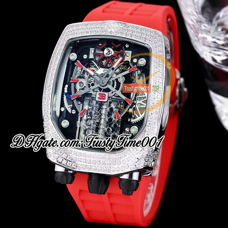 Bugatti Chiron Tourbillon Autoamtic Mens Watch 16 Cylinder Engine Skeleton Dial Iced Out Diamonds Inlay Case Blue Rubber Strap Trustytime001Watches BU200.30