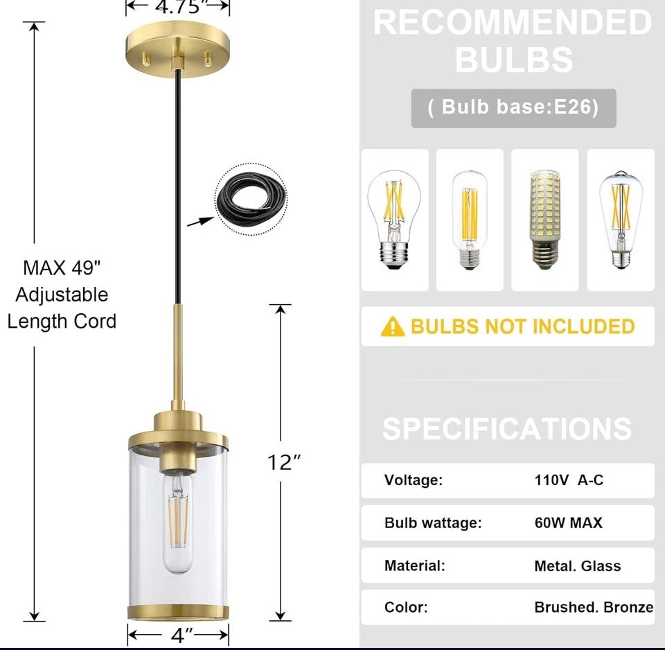 RAINLIGHTING 3 Pack 1 Light Modern Industrial Farmhouse Hanging Kitchen Island Pendant Ceiling Light Fixture, Clear Glass Brushed Bronze Finish Over Sink Restaurant bar Corridor
