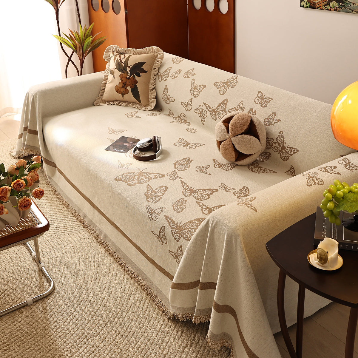 Butterfly Jacquard Soft Couch Blankets Cover for Couch Reversible Modern Sofa Slipcover Throw Covers