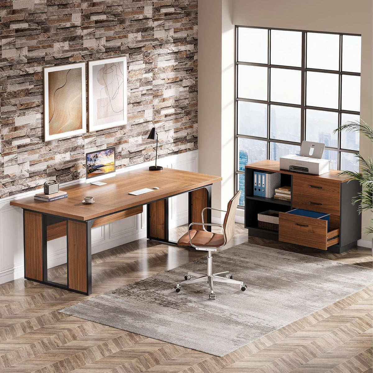 L-Shaped Executive Desk With File Cabinet, Office Computer Desk With Drawers & Open Shelves, Workstation For Home Office - Brown / Black