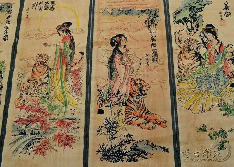 Chinese Four-Panel Calligraphy & Painting Scroll Set – Wall Hanging
