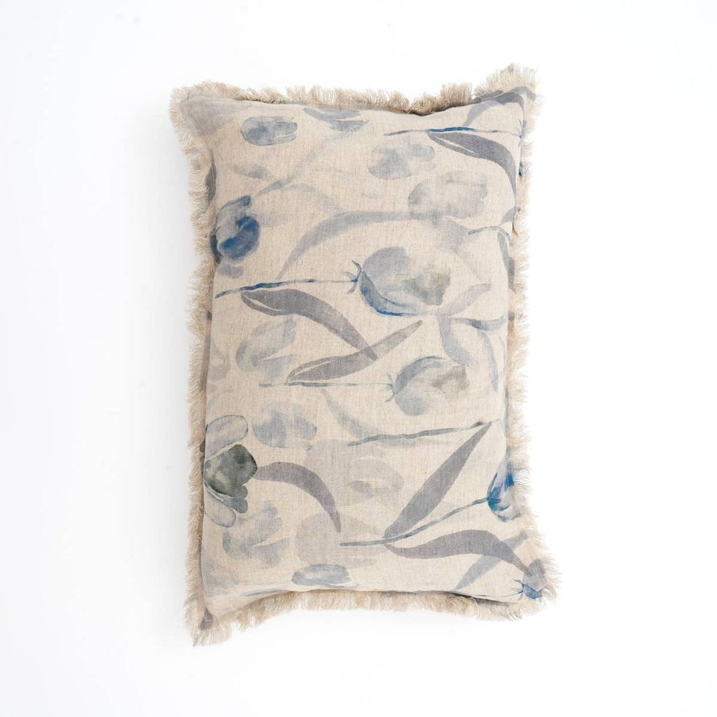 Linen Printed Lumbar Throw Pillow with Fringes (Blue & Grey) 16x24