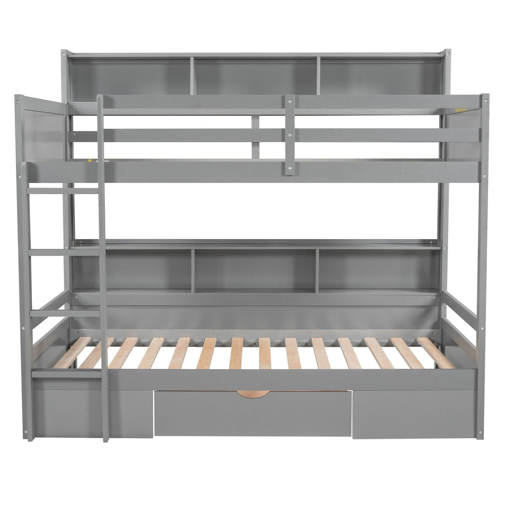 Twin Size Bunk Bed With Built-In Shelves Beside Both Upper And Down Bed And Storage Drawer