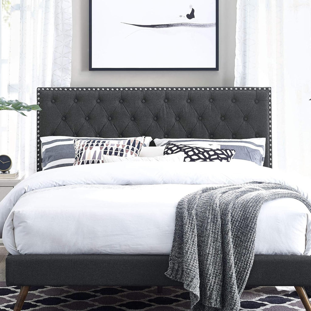 Helena Tufted Button Fabric Upholstered Full/Queen Headboard with Nailhead Trim in Gray