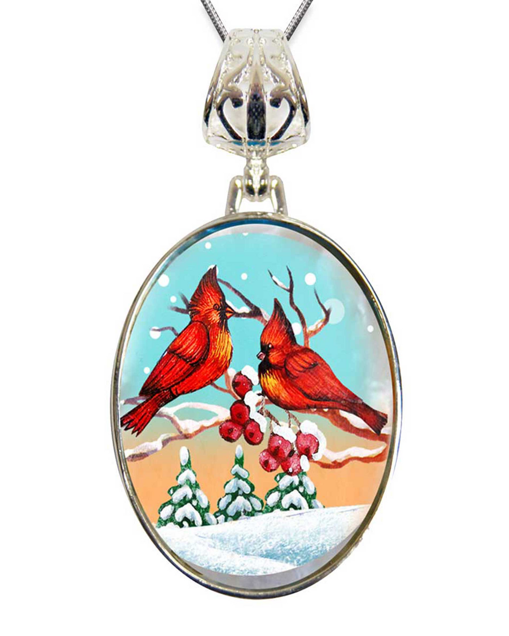 Red Robins Silver Plated Mother of Pearl Jewelry Pendant Necklace - 44036