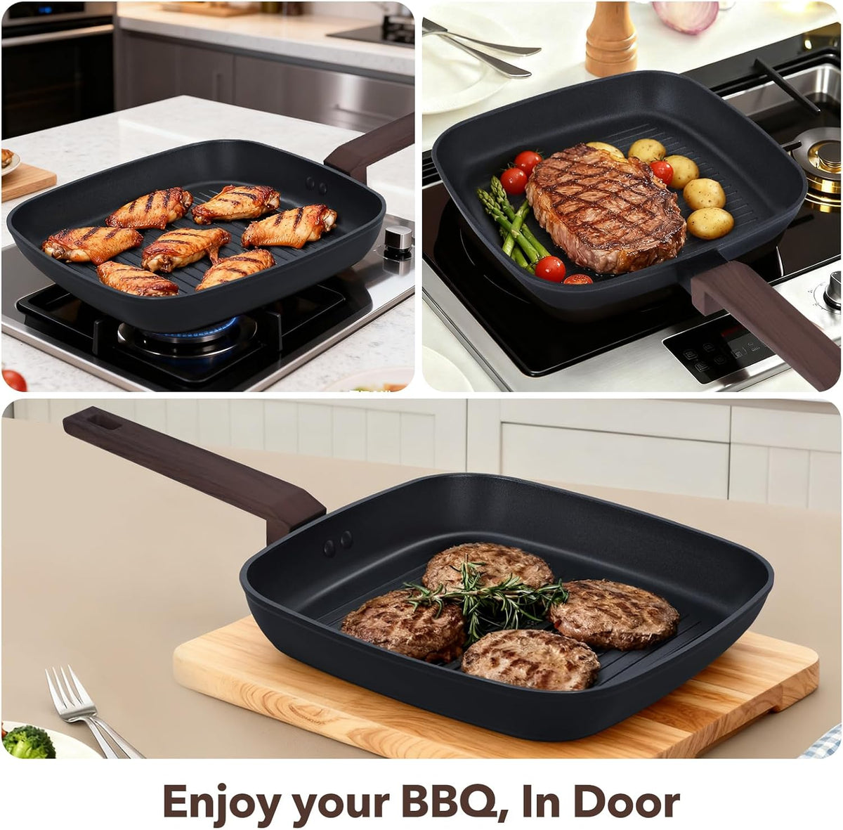 9Pcs Pots and Pans Set Nonstick,Induction Cookware Set Kitchen Cooking Sets,Healthy Non-Toxic Pots and Pan Set,Non Stick with Grill Pan& Stay-Cool Handles (PFOS, PFOA Free),Black
