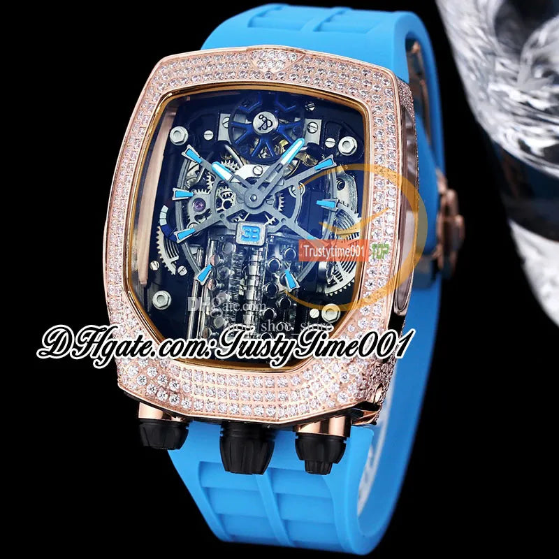 Bugatti Chiron Tourbillon Autoamtic Mens Watch 16 Cylinder Engine Skeleton Dial Iced Out Diamonds Inlay Case Blue Rubber Strap Trustytime001Watches BU200.30