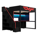 Full Gaming Loft Bed With Desk And Storage Staircase, LED Lights And USB - Red / Black