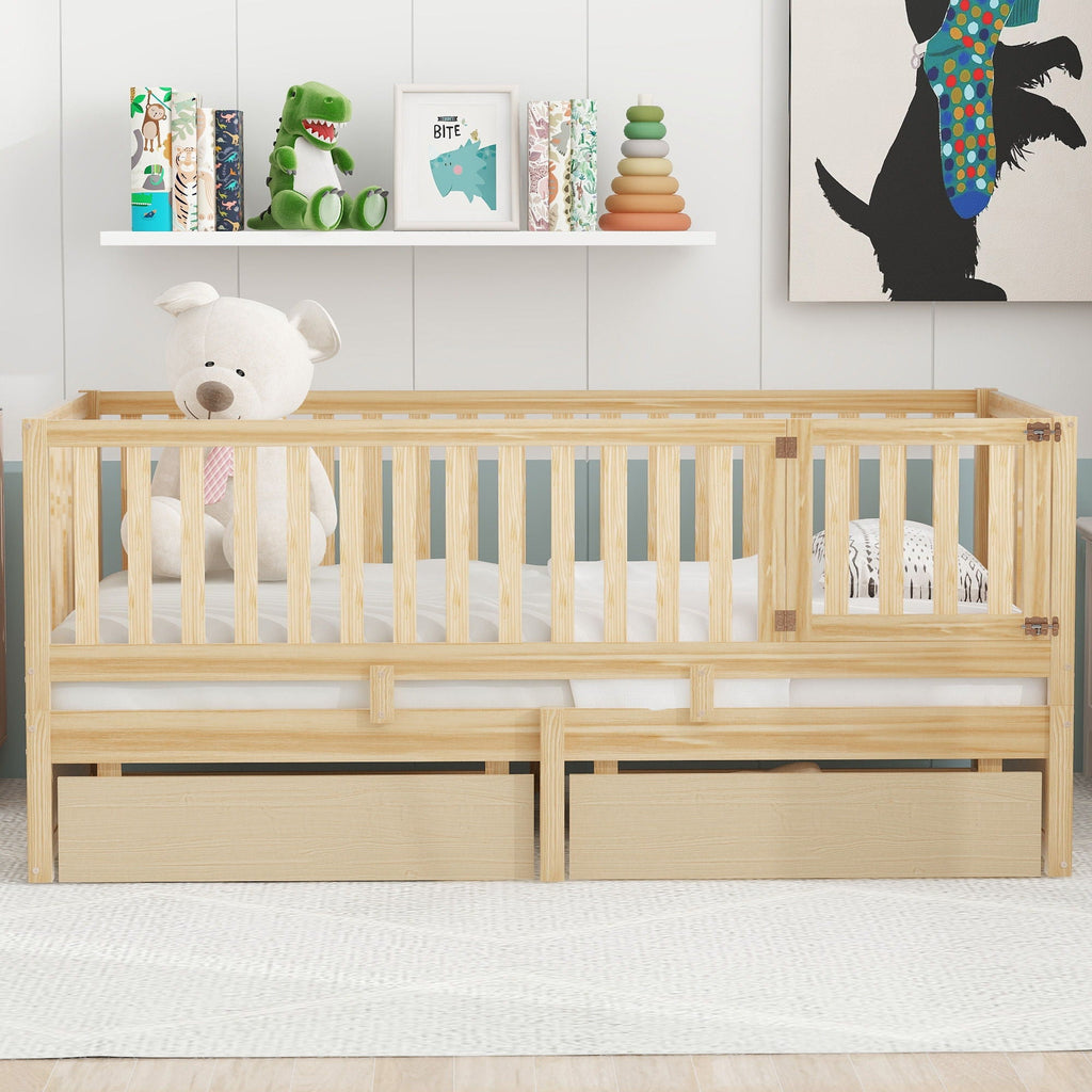 Daybed With Fence Guardrails And 2 Drawers, Split Into Independent Floor Bed & Daybed