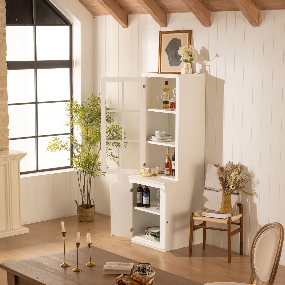 Retro Style Hutch Cabinet With Glass Door, China Cabinet For Home