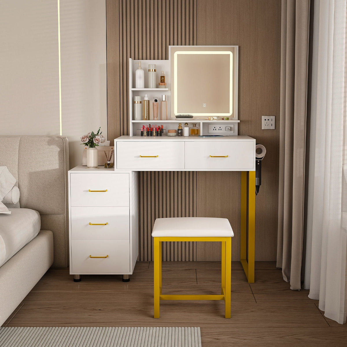 Elegant Makeup Vanity With Led Lights & Power Outlet - White