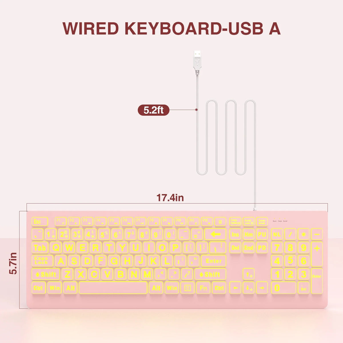 Large Print Backlit Keyboard - Wired USB Lighted Computer Keyboard for Laptops,Pink
