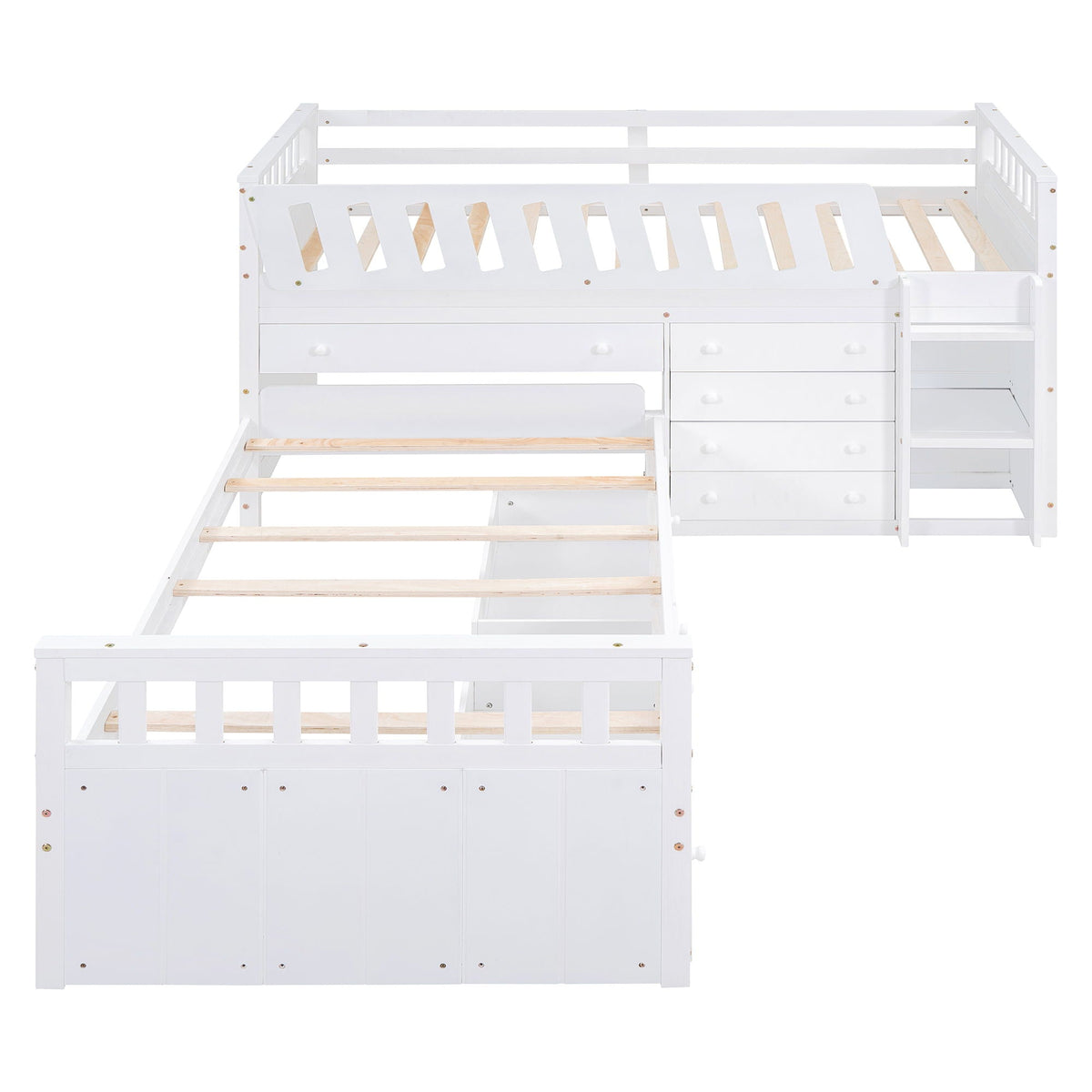 Loft Platform Bed With 7 Drawers And Full Guardrails, Modern L Shaped Space Savin