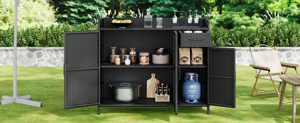K&K 47.5"W Wicker Outdoor Storage Cabinet with Tempered Glass Top