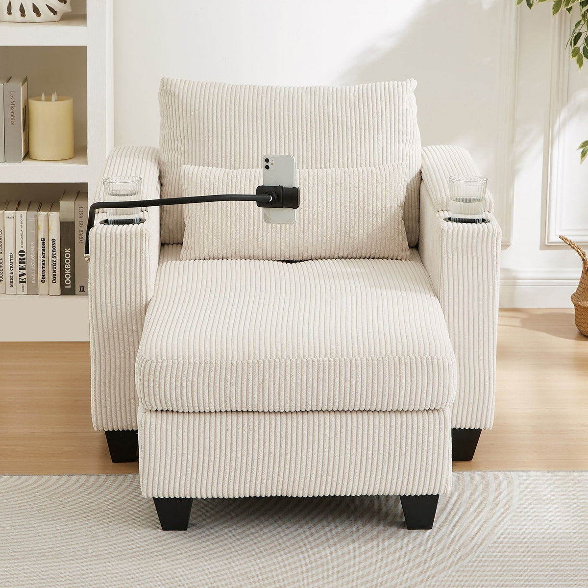 Convertible Chaise Lounge Sofa Chair With USB Ports, Cup Holders, Phone Holder And Storage