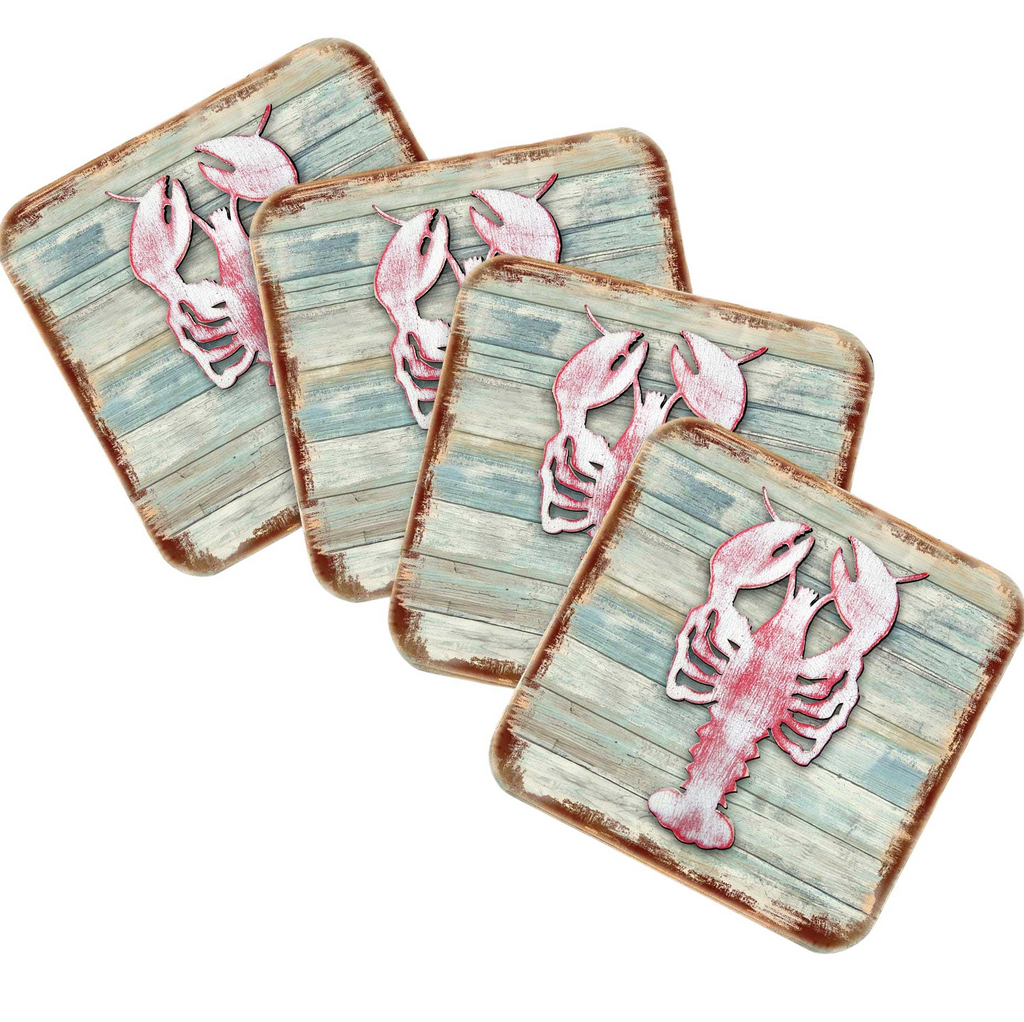 Lobster Coastal Wooden Cork Coasters Gift Set of 4 by Nature Wonders - Coastal Sea-Life Decor - 8198538-9C-S4