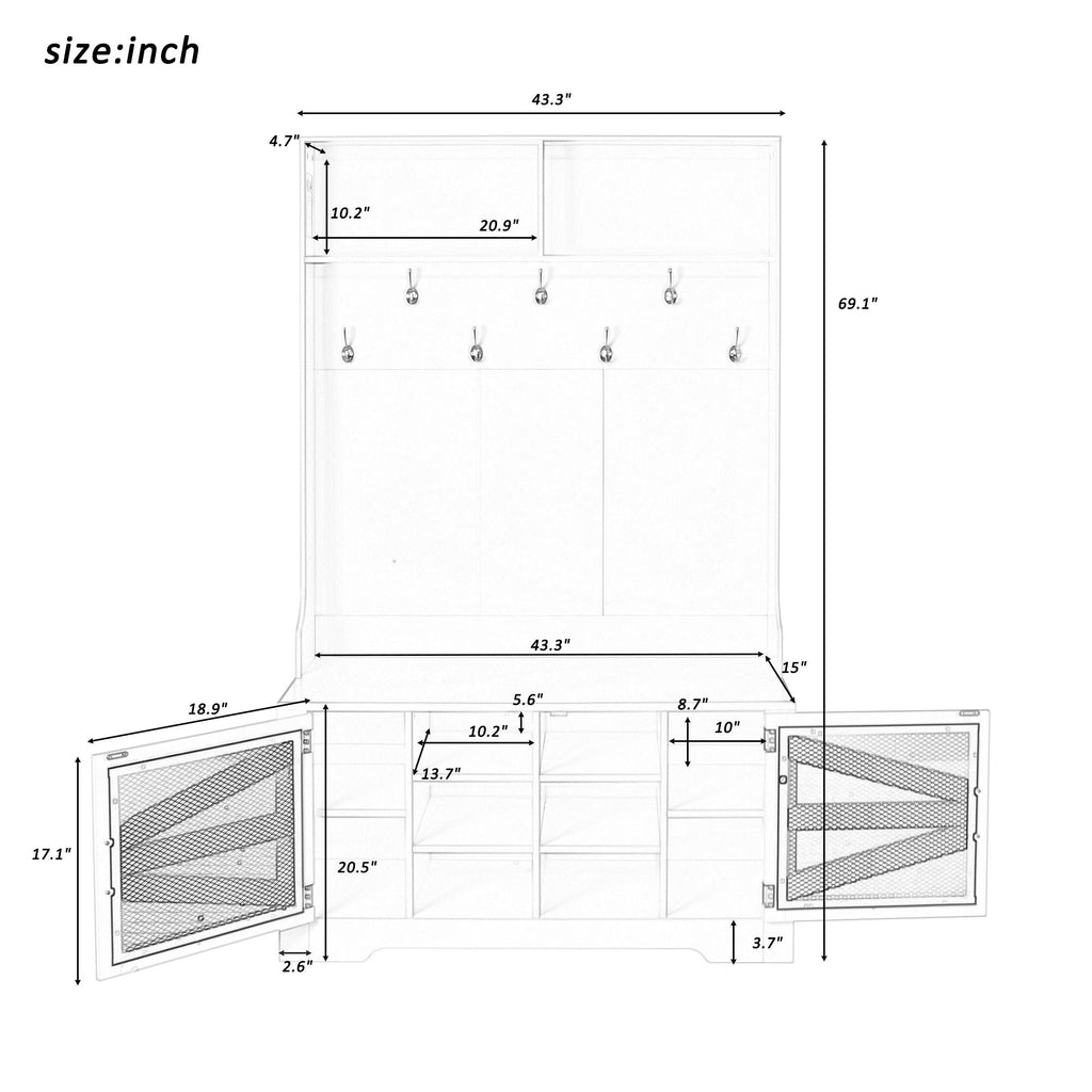 Entryway Bench With Coat Rack, 3 In 1 Design And Adjustable Shelves