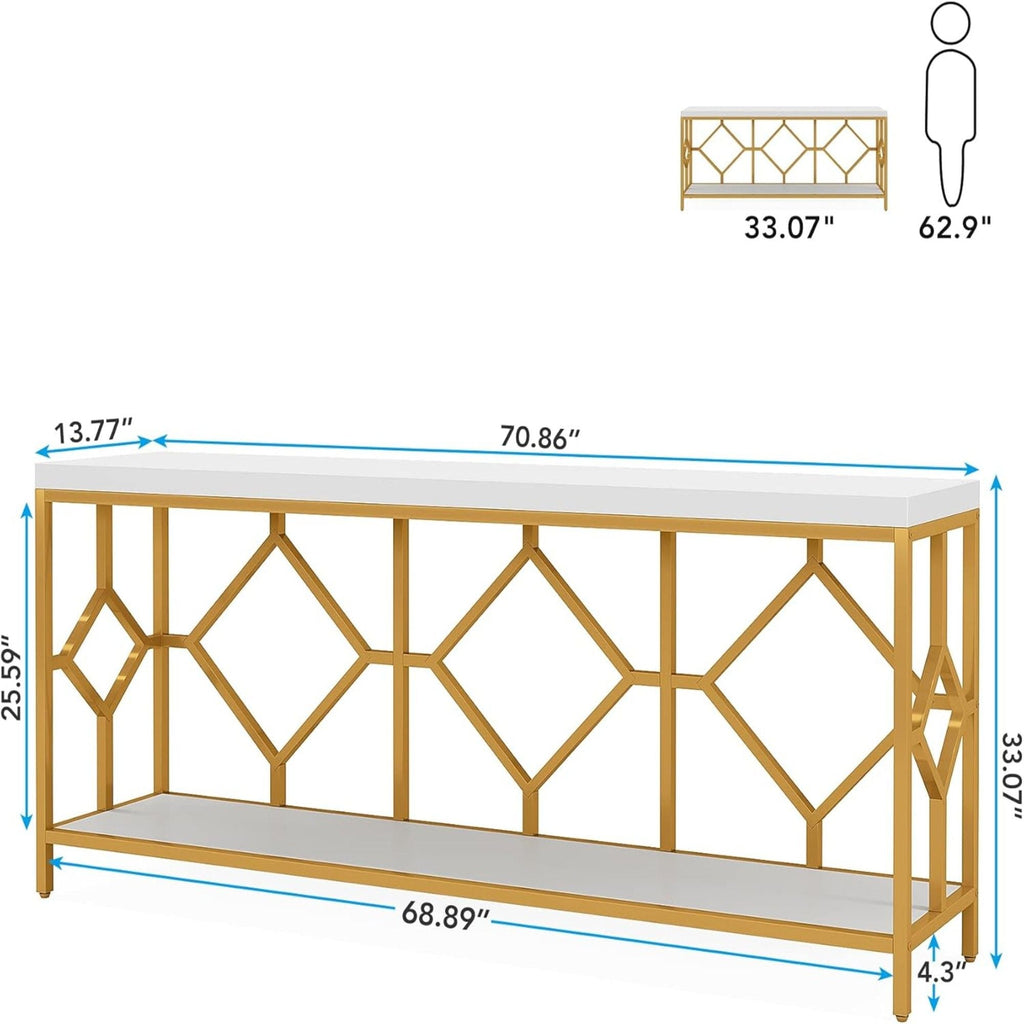 Extra Long Sofa Table With Diamond Pattern Frame, 2 Tier Open Storage For Living Room - White / Gold