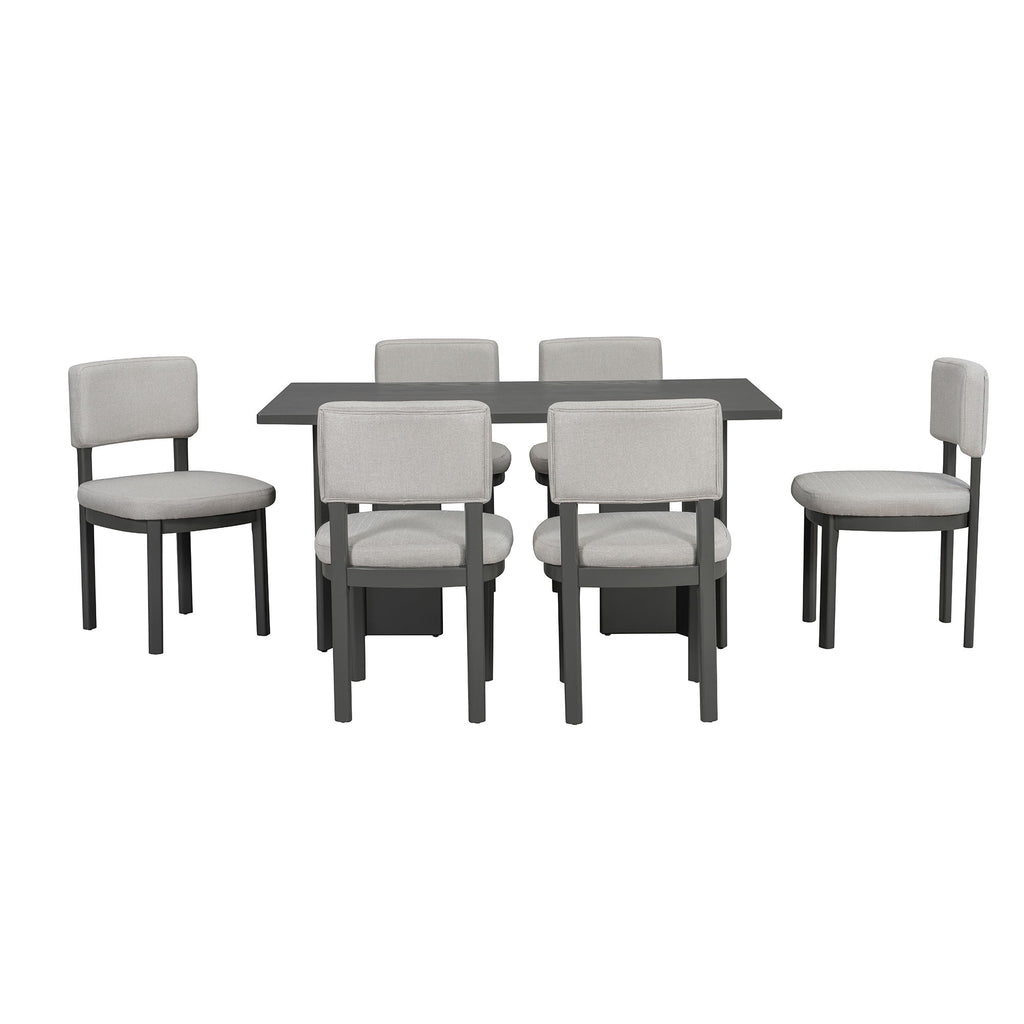 Dining Table Set With 6 Upholstered Chairs, Rectangular Table With Cutout Legs