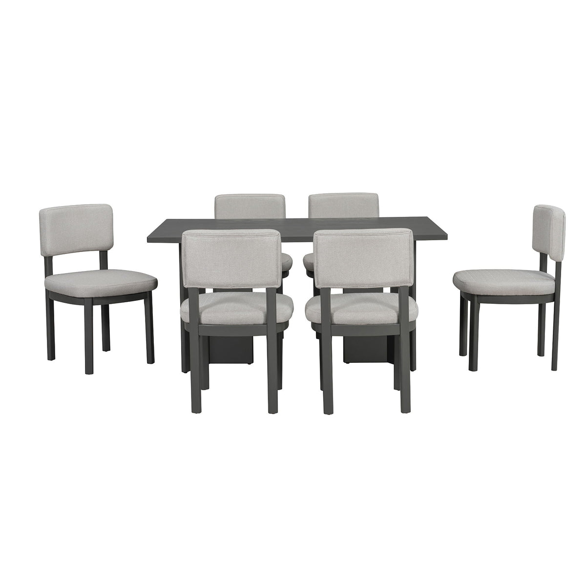 Dining Table Set With 6 Upholstered Chairs, Rectangular Table With Cutout Legs