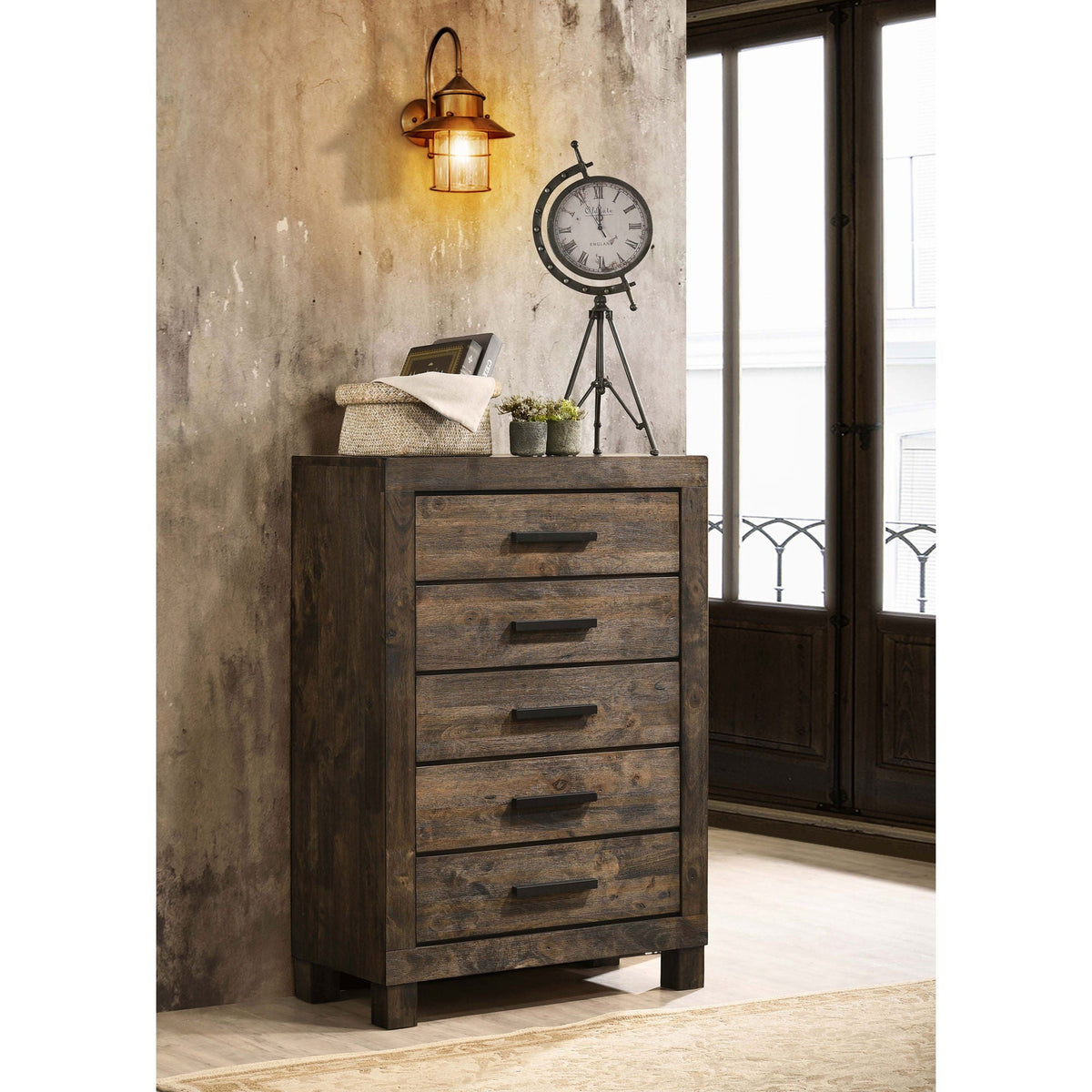 Bren - 5 Drawer Chest With Handles And Block Legs - Rustic