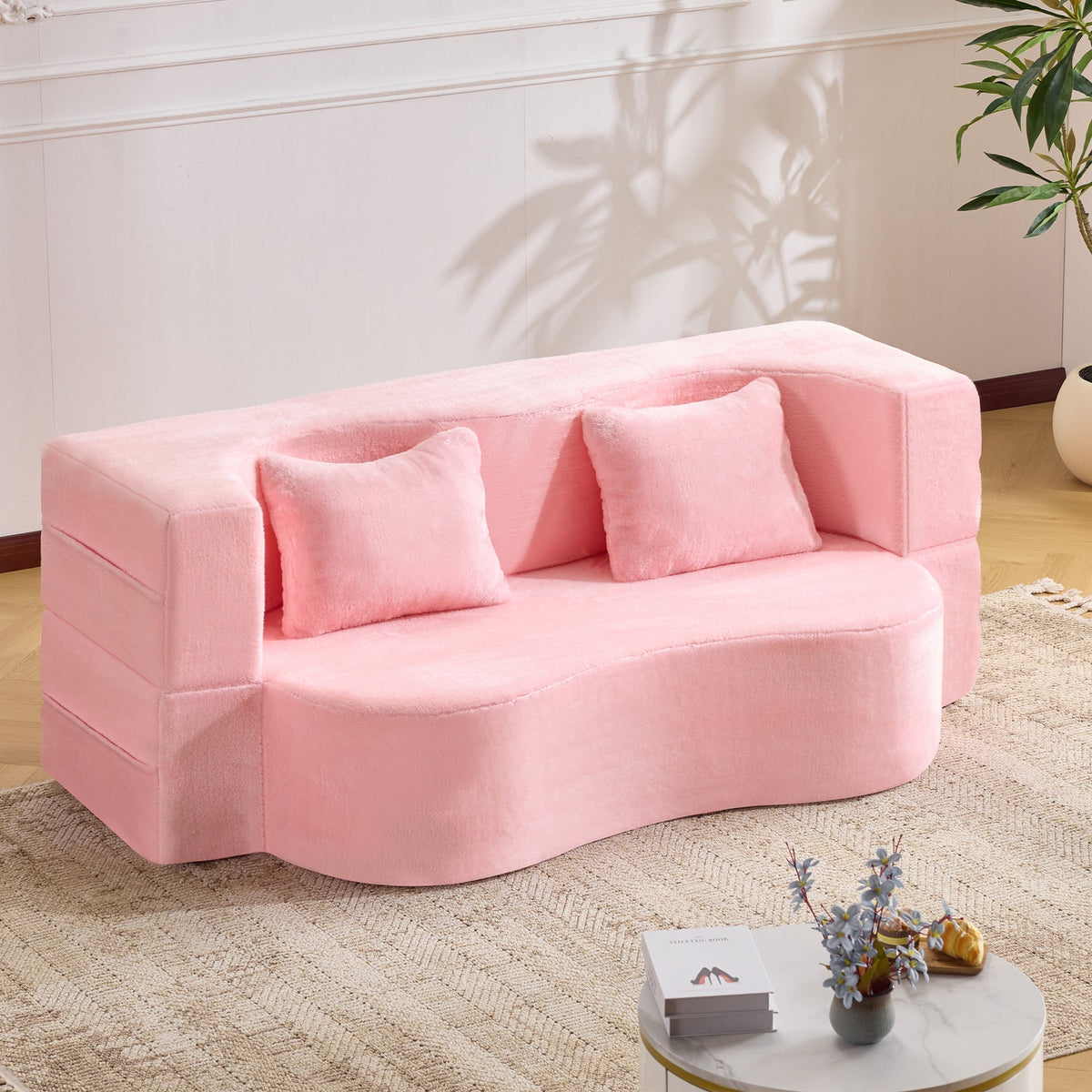 71-Inch Folding Sofa Bed in Pink Chenille with High-Density Foam