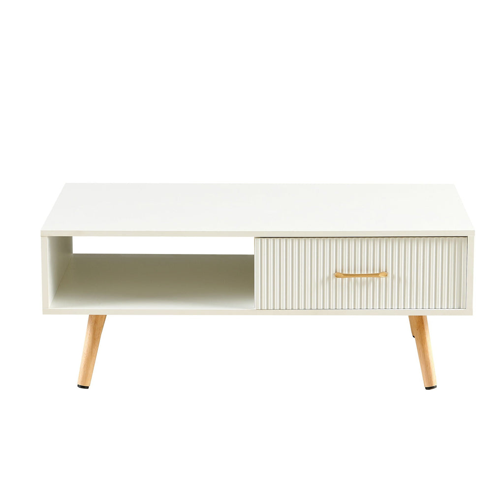 Modern Rectangle Coffee Table With Legs, Sliding Drawer For Storage - White