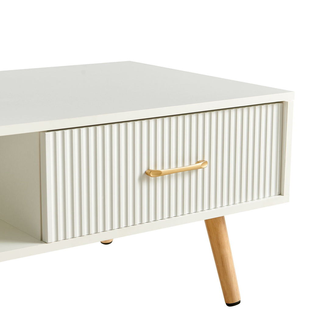 Modern Rectangle Coffee Table With Legs, Sliding Drawer For Storage - White