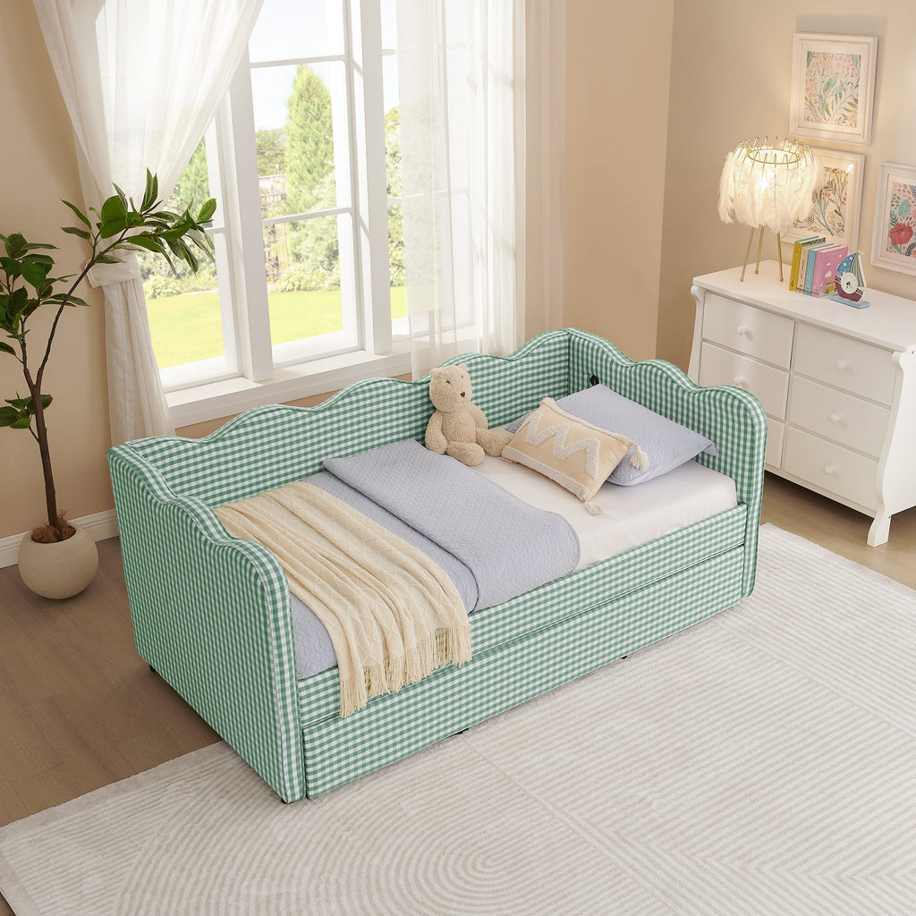 Cozy Gingham Daybed with Trundle Twin Size Sofa Bed No Box Spring Needed